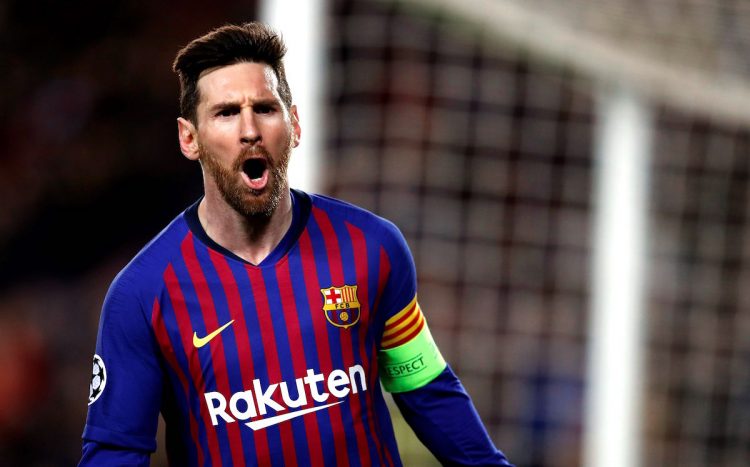 El delantero argentino del FC Barcelona Leo Messi celebra su segundo gol, y tercero del equipo ante el Olympique de Lyon, durante el partido de vuelta de los octavos de final de la Liga de Campeones que FC Barcelona y Olympique de Lyon jugaron en el Camp Nou, en Barcelona. EFE