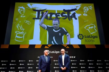 Tokyo (Japan), 22/07/2019.- Japanese soccer club Vissel Kobe's Spanish midfielder Andres Iniesta (R) speaks next to President of the Spanish soccer league LaLiga Javier Tebas during a presentation of LaLiga Icons in Tokyo, Japan, 22 July 2019. Iniesta, former FC Barcelona player, became the second LaLiga Icons ambassador. LaLiga Icons is a project by Spanish soccer league LaLiga to praise the most honorable players for achievement in Spanish soccer, with the aim of promoting LaLiga and its value globally throughout social media. (Japón, Tokio) EFE/EPA/KIYOSHI OTA