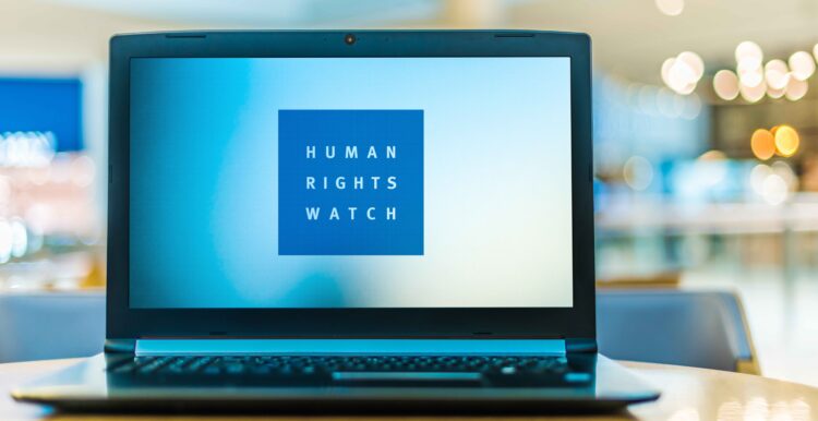 POZNAN, POL - JAN 6, 2021: Laptop computer displaying logo of Human Rights Watch (HRW), an international non-governmental organization, that conducts research and advocacy on human rights