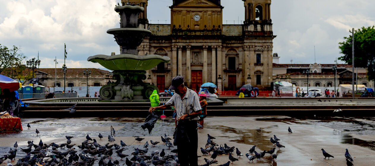 Un hombre alimenta palomas este lunes en la Plaza de la Constitución, en Ciudad de Guatemala (Guatemala).EFE/ David Toro