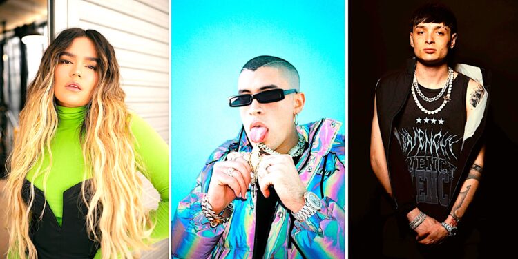 Composición de tres fotografías cedidas por Telemundo donde aparece la cantante colombiana Karol G, el puertorriqueño Bad Bunny (c) y el mexicano Peso Pluma que lideran las nominaciones a los Latin Billboard. La colombiana Karol G encabezó con 17 menciones la lista de los nominados a los premios Latin Billboard, que se entregan el próximo 20 de octubre en Miami, seguida del puertorriqueño Bad Bunny y el mexicano Peso Pluma, con 15 cada uno. EFE/Telemundo /