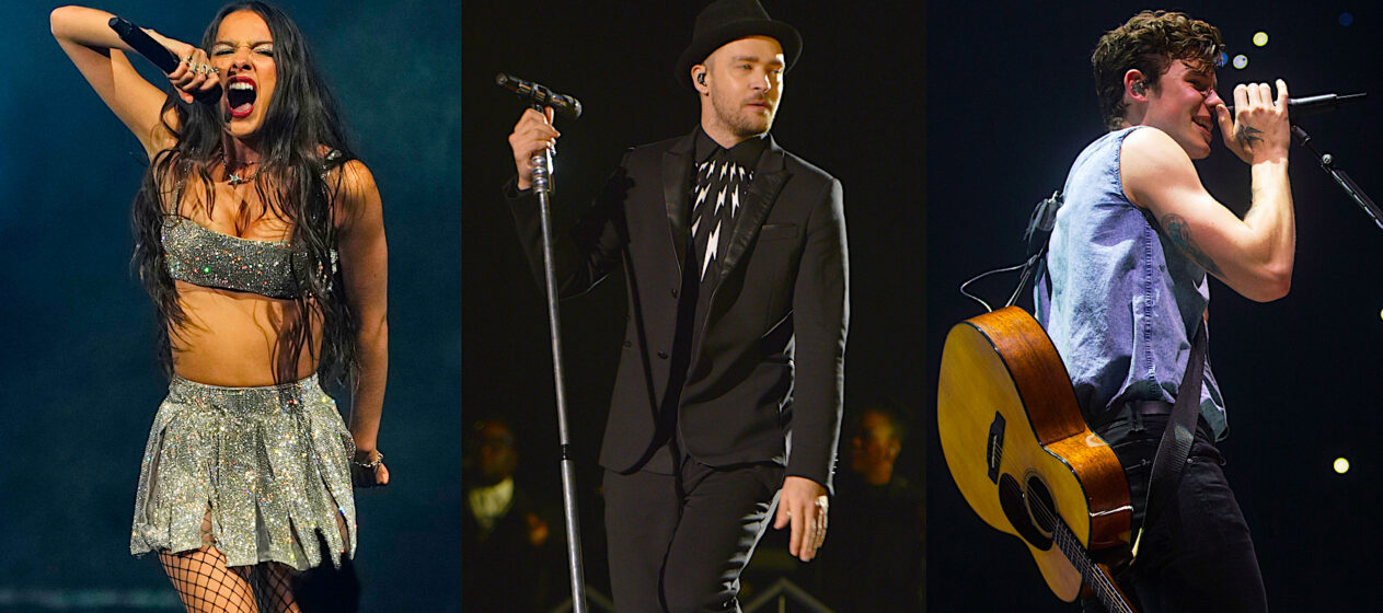 Combo de tres fotografías de archivo de los estadounidenses Olivia Rodrigo (i) y Justin Timberlake (c) y el canadiense Shawn Mendes. Rodrigo, Timberlake y Mendes fueron anunciados este martes como los cabeza de cartel del Festival Estéreo Picnic (FEP) de Bogotá del próximo año, que se celebrará los días 27, 28, 29 y 30 de marzo en la edición más pop de su historia. EFE/ ARCHIVO