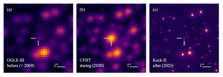 Investigadores de varios países han descubierto un planeta rocoso alrededor de una estrella ya muerta que da pistas sobre cómo podría ser la Tierra dentro de unos 8.000 millones de años, cuando se haya "apagado" el Sol. Imagen de la zona donde ocurrió ese "evento". EFE/OGLE, CFHT, Observatorio Keck