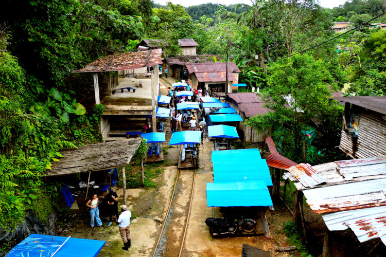 Fotografía del 21 de septiembre de 2024 de personas viajando en las 'brujitas', unos pequeños vagones que ruedan por las vías de tren en San Cipriano (Colombia). Por unas antiguas vías de tren en el oeste de Colombia circulan las 'brujitas', un particular método de transporte que consiste en unos tablones de madera montados sobre los rieles y que viajan hasta San Cipriano, una comunidad dedicada al ecoturismo, para recorrer el corazón de la selva de una forma insólita. EFE/ Mario Baos