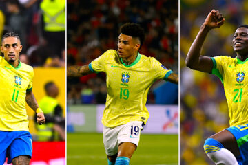 Combo de fotografías donde aparecen los jugadores de la selección brasileña de fútbol Raphinha (i) Igor Jesus (c) y Luiz Henrique. Brasil progresa adecuadamente, pero aún requiere cuidados. La irrupción de Luiz Henrique, delantero del Botafogo y exjugador del Real Betis, y el liderazgo de Raphinha son las buenas noticias de un equipo que espera con ansia el retorno de Neymar. EFE/ Andre Borges / Elvis González