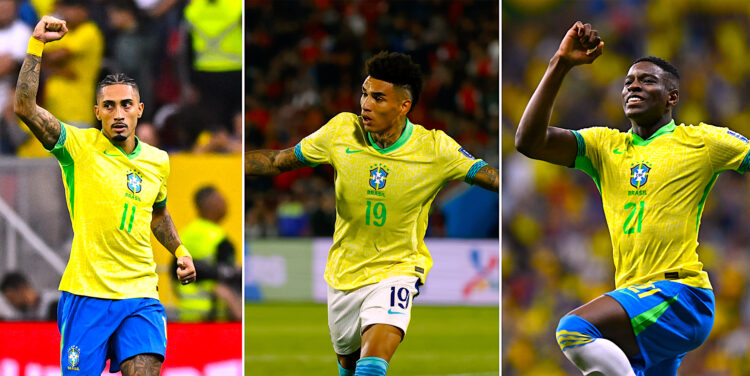 Combo de fotografías donde aparecen los jugadores de la selección brasileña de fútbol Raphinha (i) Igor Jesus (c) y Luiz Henrique. Brasil progresa adecuadamente, pero aún requiere cuidados. La irrupción de Luiz Henrique, delantero del Botafogo y exjugador del Real Betis, y el liderazgo de Raphinha son las buenas noticias de un equipo que espera con ansia el retorno de Neymar. EFE/ Andre Borges / Elvis González