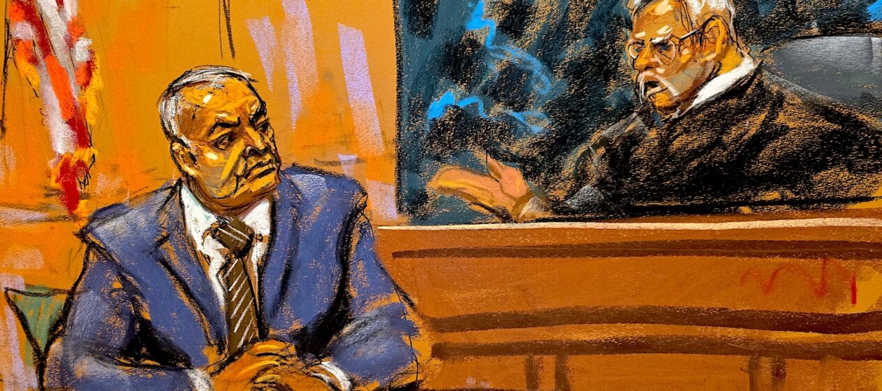 Reproducción fotográfica de un dibujo realizado por la artista Jane Rosenberg del exsecretario de Seguridad Pública mexicano, Genaro García Luna, durante un juicio este miércoles, en el Tribunal Federal de Brooklyn en Nueva York (EE. UU). El exsecretario mexicano de Seguridad Pública Genaro García Luna fue condenado este miércoles en un tribunal de Nueva York a penas que suman más de 38 años de cárcel, además de dos millones de dólares de multa, por delitos de narcotráfico, colaboración con el crimen organizado (el Cartel de Sinaloa) y por falso testimonio ante las autoridades estadounidenses. EFE/Jane Rosenberg