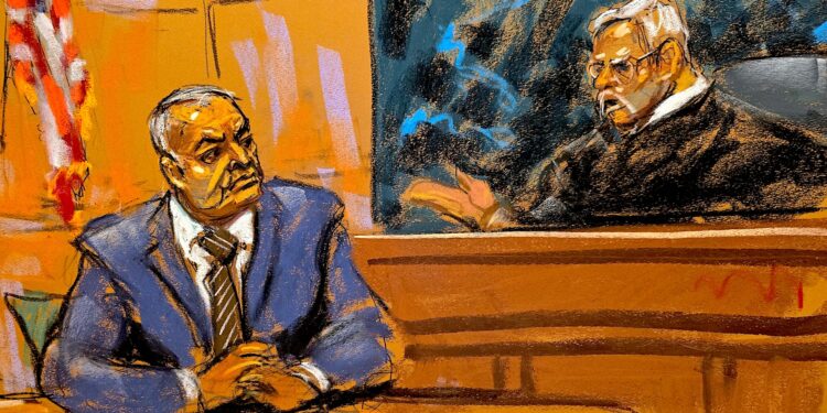 Reproducción fotográfica de un dibujo realizado por la artista Jane Rosenberg del exsecretario de Seguridad Pública mexicano, Genaro García Luna, durante un juicio este miércoles, en el Tribunal Federal de Brooklyn en Nueva York (EE. UU). El exsecretario mexicano de Seguridad Pública Genaro García Luna fue condenado este miércoles en un tribunal de Nueva York a penas que suman más de 38 años de cárcel, además de dos millones de dólares de multa, por delitos de narcotráfico, colaboración con el crimen organizado (el Cartel de Sinaloa) y por falso testimonio ante las autoridades estadounidenses. EFE/Jane Rosenberg