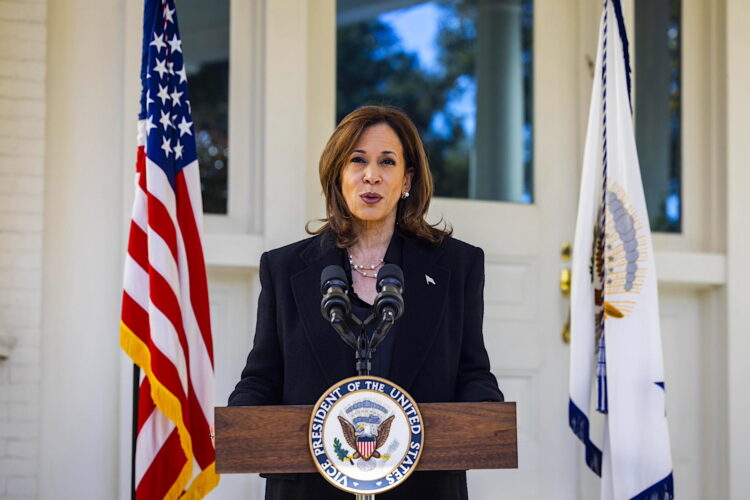 La vicepresidenta y actual candidata presidencial demócrata Kamala Harris habla sobre las recientes declaraciones de John Kelly, jefe de gabinete del expresidente Trump, de que Trump gobernaría como un 'fascista', desde la residencia de Harris En el Observatorio Naval de Washington, DC, EE.UU., 23 de octubre de 2024. Las encuestas muestran una carrera presidencial cada vez más estrecha entre ella y el ex presidente republicano Donald Trump. (Elecciones) EFE/EPA/JIM LO SCALZO / POOL