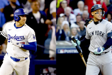 Combo de dos fotografías donde se ven el japonés Shohei Ohtani (i) y Aaron Judge. Los Dodgers de Los Ángeles y los Yanquis de Nueva York escenificarán a partir del próximo viernes un duelo de ensueño para los fanáticos del béisbol de las Grandes Ligas en la Serie Mundial. EFE-EPA/ Caroline Brehman / David Maxwell