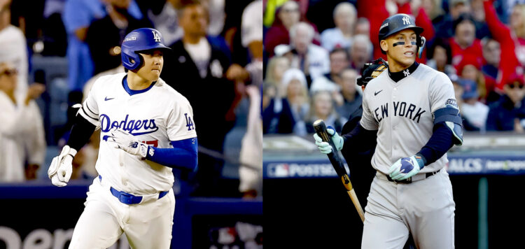 Combo de dos fotografías donde se ven el japonés Shohei Ohtani (i) y Aaron Judge. Los Dodgers de Los Ángeles y los Yanquis de Nueva York escenificarán a partir del próximo viernes un duelo de ensueño para los fanáticos del béisbol de las Grandes Ligas en la Serie Mundial. EFE-EPA/ Caroline Brehman / David Maxwell