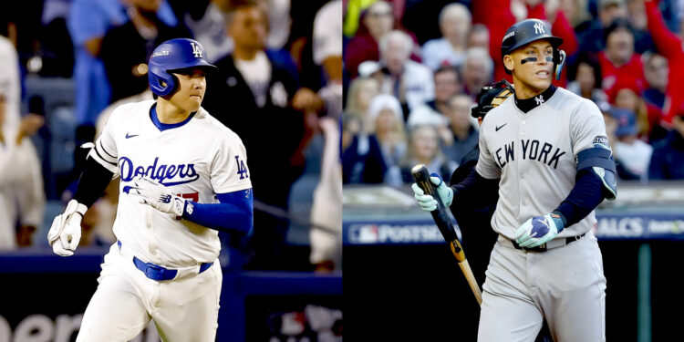 Combo de dos fotografías donde se ven el japonés Shohei Ohtani (i) y Aaron Judge. Los Dodgers de Los Ángeles y los Yanquis de Nueva York escenificarán a partir del próximo viernes un duelo de ensueño para los fanáticos del béisbol de las Grandes Ligas en la Serie Mundial. EFE-EPA/ Caroline Brehman / David Maxwell