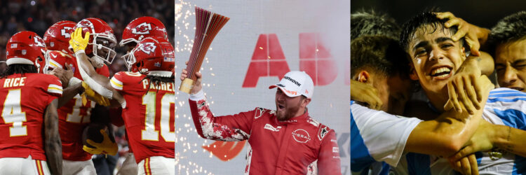 Combo de fotografías de archivo de los jugadores de Kansas City Chiefs (i), del británico Oliver Rowland de Nissan Formula E (c) y de Teo Rodríguez, jugador de la Selección de Argentina sub-20, protagonistas del resumen deportivo en América en el primer mes de 2025. EFE/ John G. Mabanglo/ José Méndez /juan Carlos Hernández