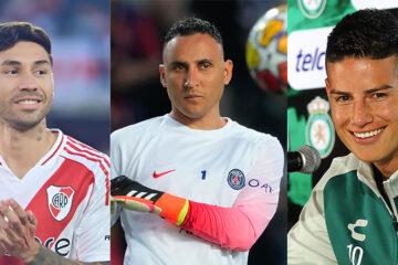 Combo de fotografías de los jugadores (de i a d) Gonzalo Montiel, Keylor Navas y James Rodríguez. EFE/ Matias Martin Campaya/ Alejandro García/ Luis Ramírez