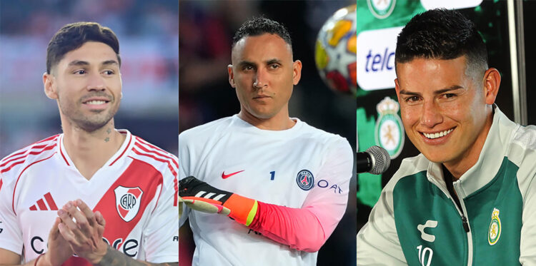 Combo de fotografías de los jugadores (de i a d) Gonzalo Montiel, Keylor Navas y James Rodríguez. EFE/ Matias Martin Campaya/ Alejandro García/ Luis Ramírez